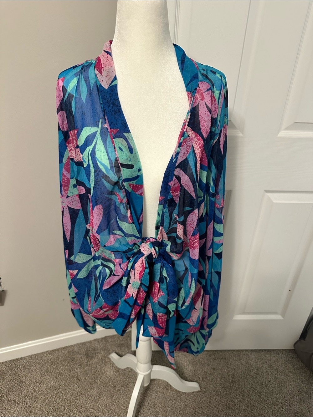 Colleen Lopez Teal, Navy & Pink Leaf Tie-Front Swim Coverup